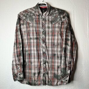 Roar Multicolor Embroidered Plaid Button Up Western Shirt Size XXL